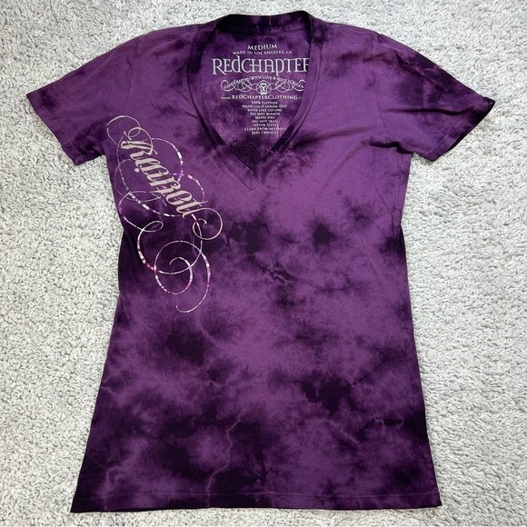 Redchapter Shirt Womens Medium Purple Vneck Peacock Regret Script Love Rock Roll - Picture 1 of 5